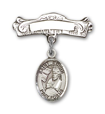 Pin Badge with St. Edwin Charm and Arched Polished Engravable Badge Pin - Silver tone