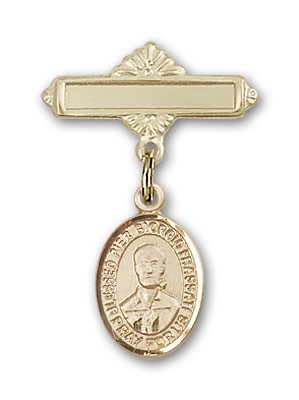 Pin Badge with Blessed Pier Giorgio Frassati Charm and Polished Engravable Badge Pin - 14K Solid Gold