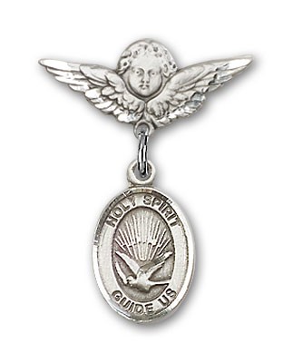 Pin Badge with Holy Spirit Charm and Angel with Smaller Wings Badge Pin - Silver tone