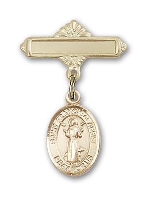 Pin Badge with St. Francis of Assisi Charm and Polished Engravable Badge Pin - Gold Tone