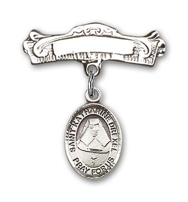 Pin Badge with St. Katherine Drexel Charm and Arched Polished Engravable Badge Pin - Silver tone