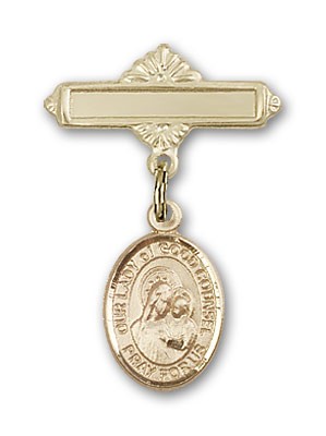 Pin Badge with Our Lady of Good Counsel Charm and Polished Engravable Badge Pin - Gold Tone
