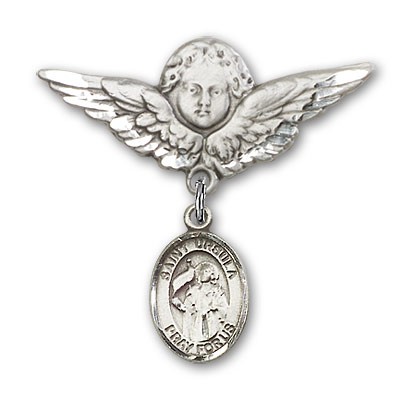 Pin Badge with St. Ursula Charm and Angel with Larger Wings Badge Pin - Silver tone