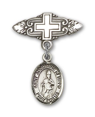Pin Badge with St. Augustine of Hippo Charm and Badge Pin with Cross - Silver tone