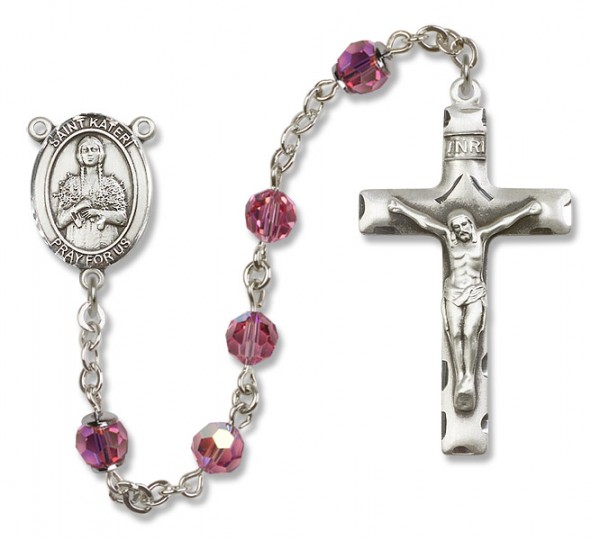 St. Kateri Sterling Silver Heirloom Rosary Squared Crucifix - Rose