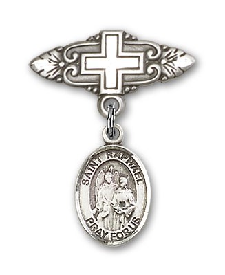 Pin Badge with St. Raphael the Archangel Charm and Badge Pin with Cross - Silver tone