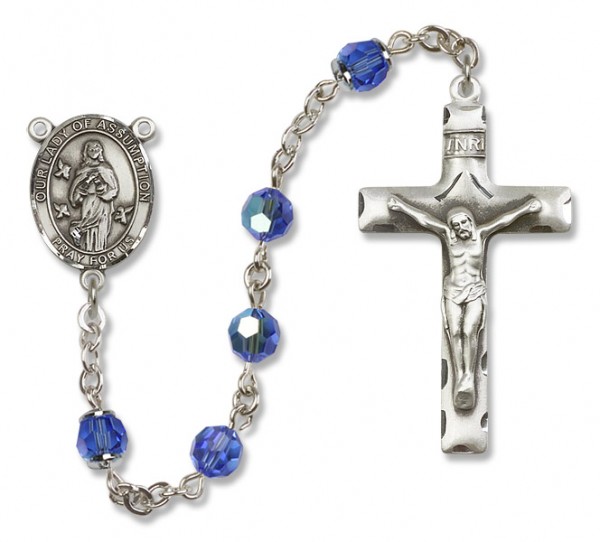 Our Lady of Assumption Sterling Silver Heirloom Rosary Squared Crucifix - Sapphire