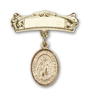 Pin Badge with St. John the Baptist Charm and Arched Polished Engravable Badge Pin - Gold Tone
