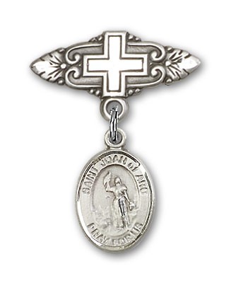 Pin Badge with St. Joan of Arc Charm and Badge Pin with Cross - Silver tone