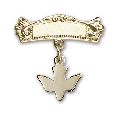 Baby Pin with Holy Spirit Charm and Arched Polished Engravable Badge Pin - Gold Tone
