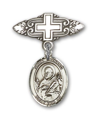 Pin Badge with St. Meinrad of Einsideln Charm and Badge Pin with Cross - Silver tone