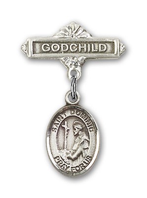 Pin Badge with St. Dominic de Guzman Charm and Godchild Badge Pin - Silver tone