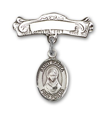 Pin Badge with St. Rafka Charm and Arched Polished Engravable Badge Pin - Silver tone
