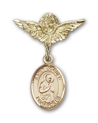 Pin Badge with St. Isaac Jogues Charm and Angel with Smaller Wings Badge Pin - 14K Solid Gold