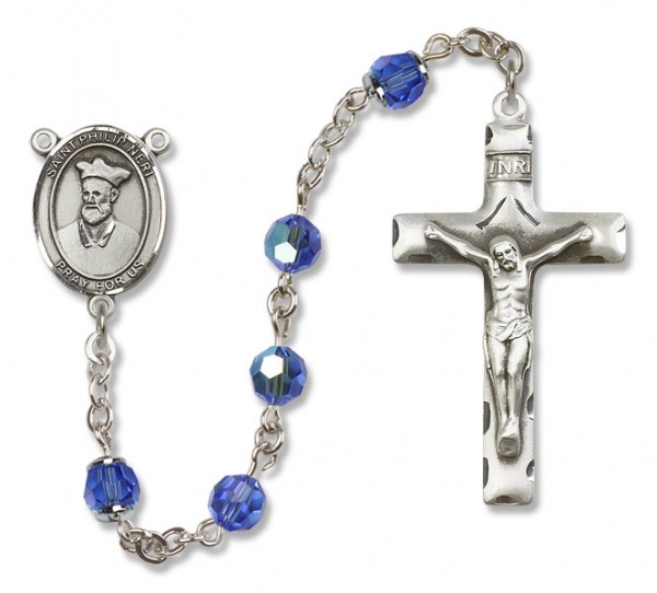 St. Philip Neri Sterling Silver Heirloom Rosary Squared Crucifix - Sapphire
