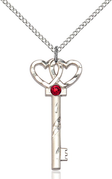 Small Key with Double Heart Pendant and Birthstone - Ruby Red