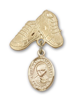 Pin Badge with St. Maximilian Kolbe Charm and Baby Boots Pin - 14K Solid Gold