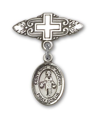 Pin Badge with St. Nino de Atocha Charm and Badge Pin with Cross - Silver tone