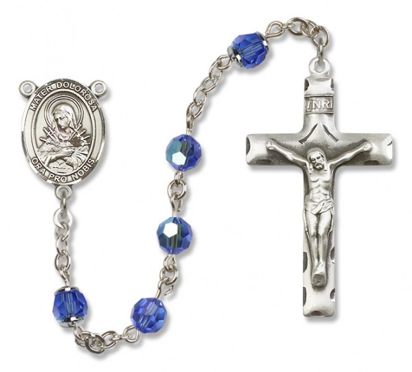 Mater Dolorosa Rosary Our Lady of Mercy Sterling Silver Heirloom Rosary Squared Crucifix - Sapphire