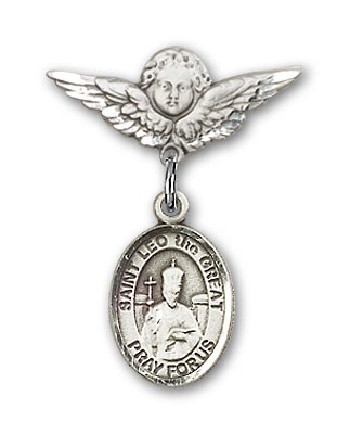 Pin Badge with St. Leo the Great Charm and Angel with Smaller Wings Badge Pin - Silver tone