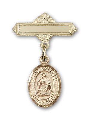 Pin Badge with St. Charles Borromeo Charm and Polished Engravable Badge Pin - 14K Solid Gold