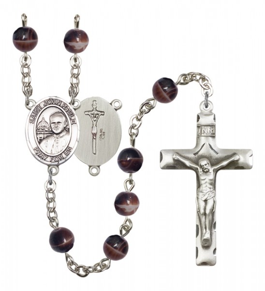 Men's St. John Paul II Silver Plated Rosary - Brown