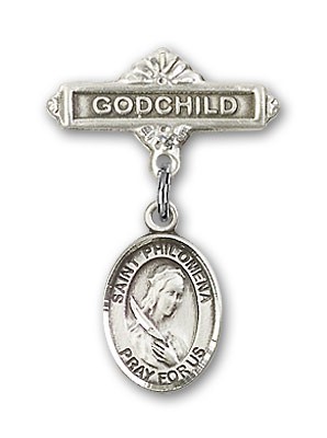Pin Badge with St. Philomena Charm and Godchild Badge Pin - Silver tone