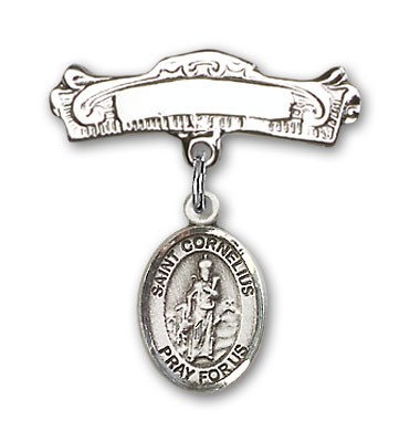 Pin Badge with St. Cornelius Charm and Arched Polished Engravable Badge Pin - Silver tone