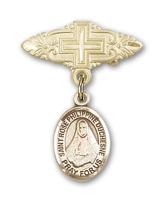 Pin Badge with St. Rose Philippine Charm and Badge Pin with Cross - Gold Tone