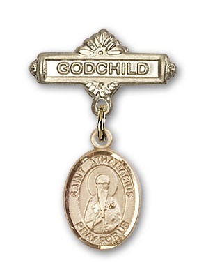 Pin Badge with St. Athanasius Charm and Godchild Badge Pin - 14K Solid Gold