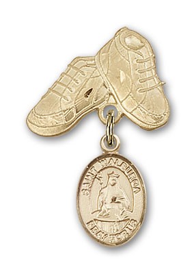 Pin Badge with St. Walburga Charm and Baby Boots Pin - 14K Solid Gold