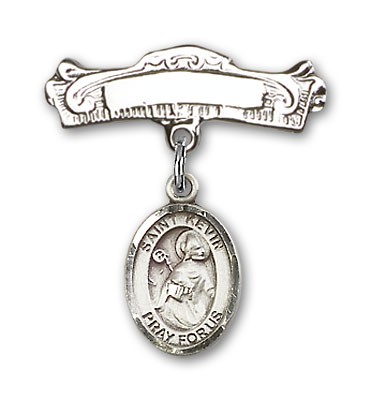 Pin Badge with St. Kevin Charm and Arched Polished Engravable Badge Pin - Silver tone