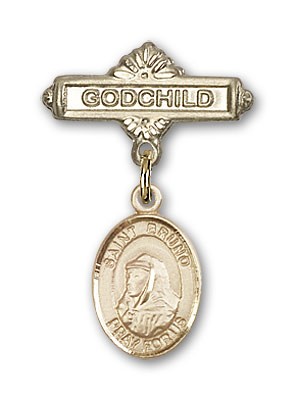 Pin Badge with St. Bruno Charm and Godchild Badge Pin - Gold Tone