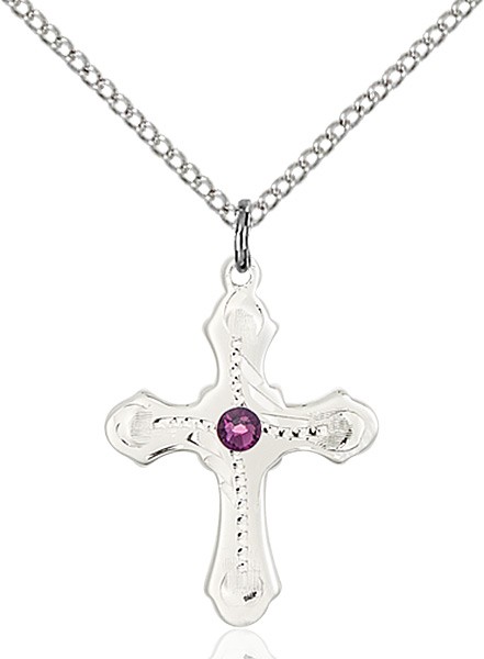 Youth Cross Pendant with Dotted Etching with Birthstone Options - Amethyst