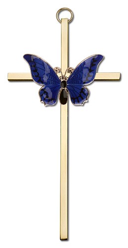 Resurrection Butterfly Wall Cross in Blue 6&quot; - Gold Tone