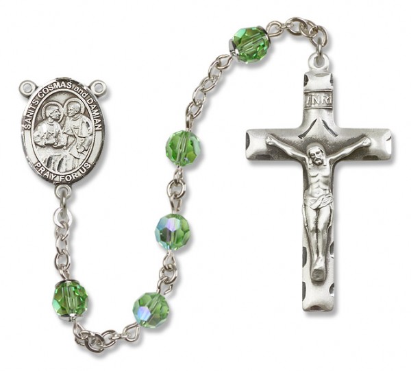 Saints Cosmas and Damian Sterling Silver Heirloom Rosary Squared Crucifix - Peridot