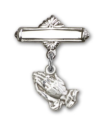 Sterling Silver Engravable Baby Pin with Praying Hands Charm - Sterling Silver