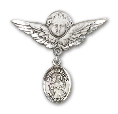 Pin Badge with St. Matthew the Apostle Charm and Angel with Larger Wings Badge Pin - Silver tone