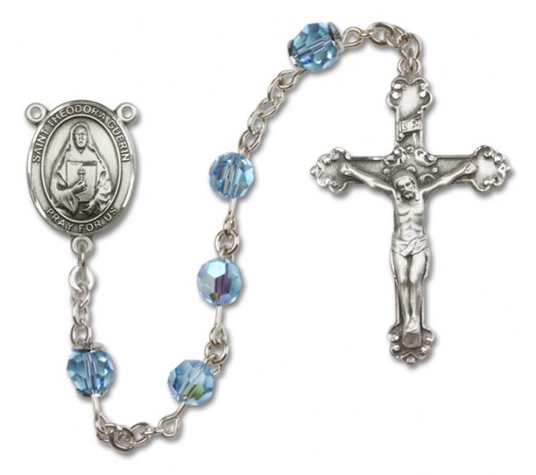 St. Theodora Guerin Sterling Silver Heirloom Rosary Fancy Crucifix - Aqua
