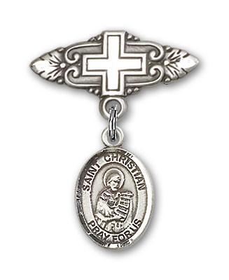 Pin Badge with St. Christian Demosthenes Charm and Badge Pin with Cross - Silver tone