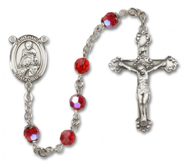 St. Daniel Sterling Silver Heirloom Rosary Fancy Crucifix - Ruby Red