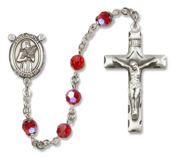 St. Agatha Sterling Silver Heirloom Rosary Squared Crucifix - Ruby Red