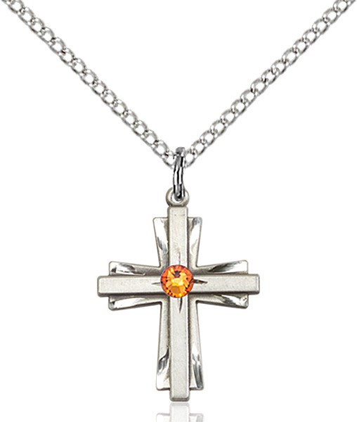 Youth Etched Cross Pendant with Birthstone Options - Topaz