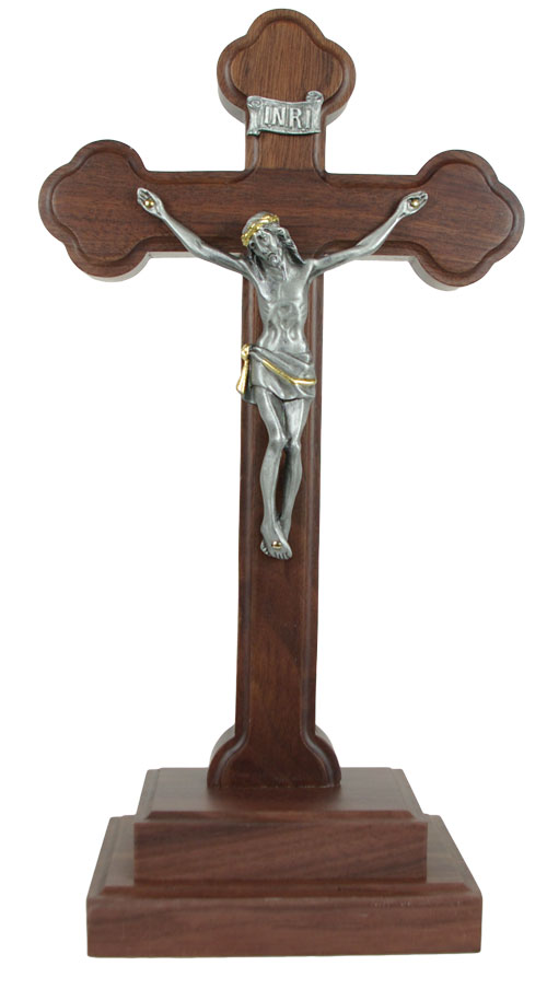 Standing Walnut Crucifix with Two-Tone Corpus 11.5 Inch - Brown