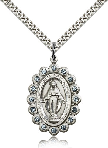 Miraculous Medal with Blue Swarovski Crystals - Sterling Silver