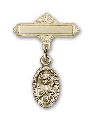 Pin Badge with Our Lady of Czestochowa Charm and Polished Engravable Badge Pin - 14K Solid Gold