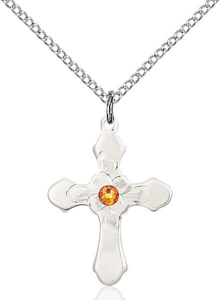 Floral Center Youth Cross Pendant with Birthstone Options - Topaz