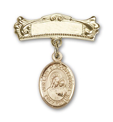 Pin Badge with Our Lady of Good Counsel Charm and Arched Polished Engravable Badge Pin - Gold Tone