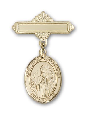 Pin Badge with St. Finnian of Clonard Charm and Polished Engravable Badge Pin - Gold Tone
