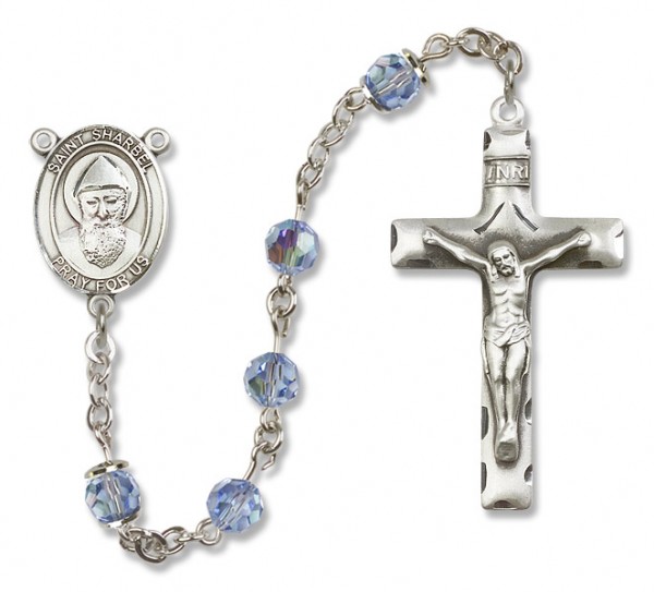 St. Sharbel Sterling Silver Heirloom Rosary Squared Crucifix - Light Sapphire